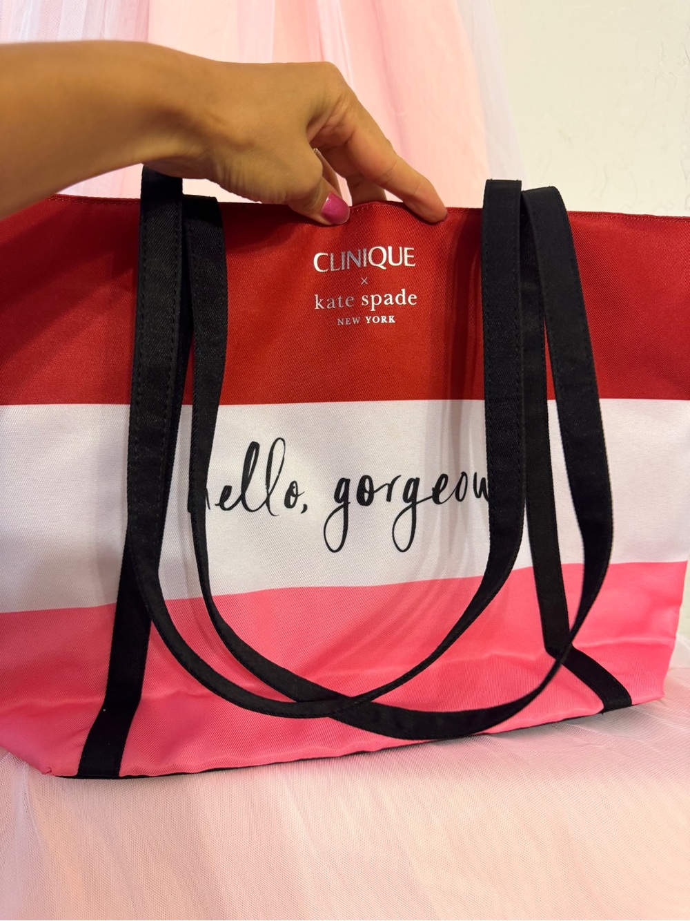 👜Kate Spade New York x Clinique Hello Gorgeous Striped Tote Red/White/Pink
